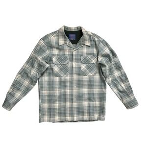 Pendleton Loop Collar Green Gray Plaid Pure Virgin Wool Flannel LS Shirt Size M‎